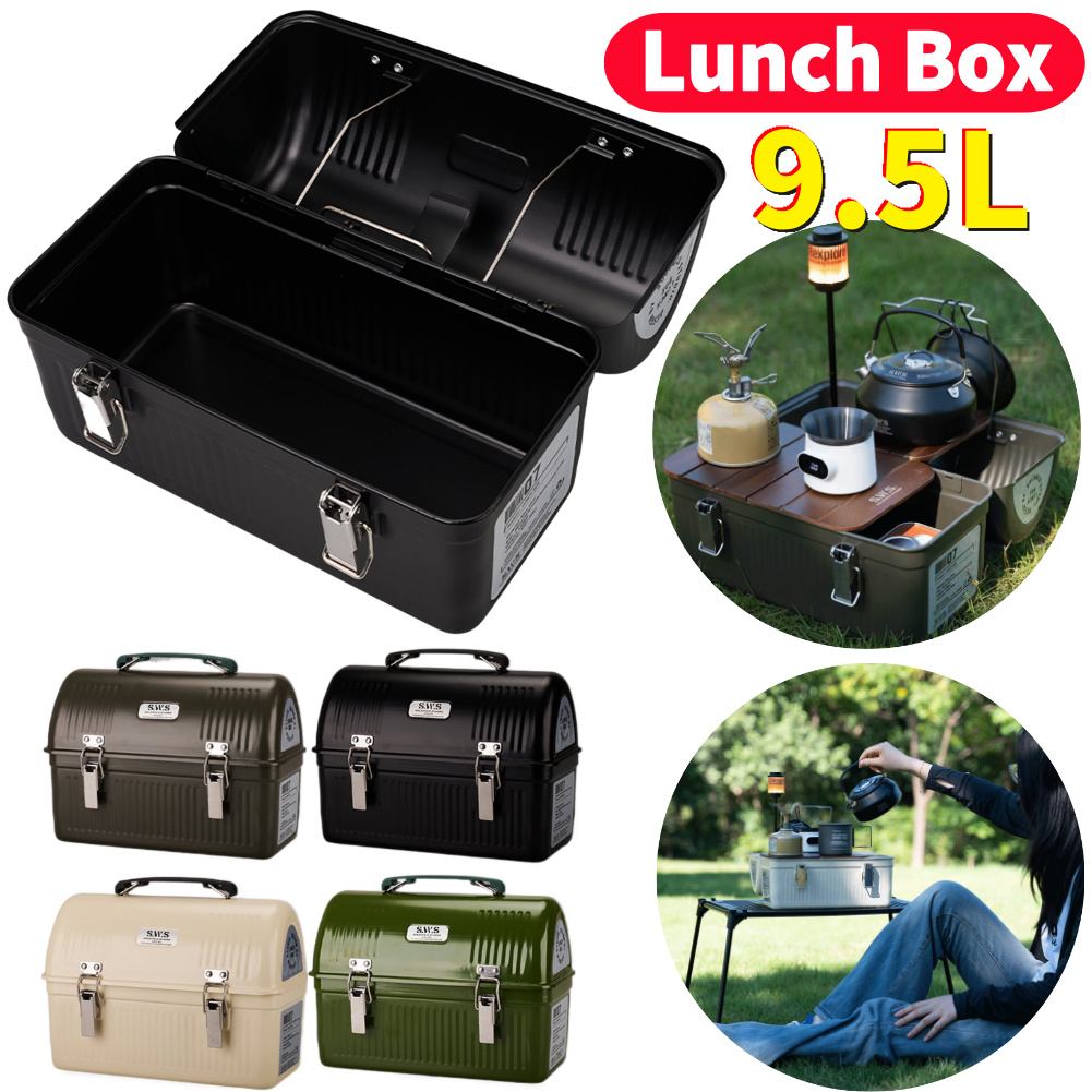 Outdoor Camping Stores - 9.5L ヴィンテージ キャンプ用メタルランチボックス ハンドルとラッチ付き アウトドアギア ツールボックス