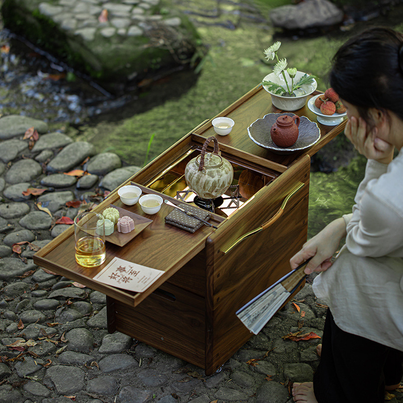 Outdoor Camping Fireplace - クルミ材暖炉付き茶壺用炭火コンロ、新型中国製ポータブルキャンプ用茶テーブル収納キャビネット、屋外焚き火台付き茶テーブル