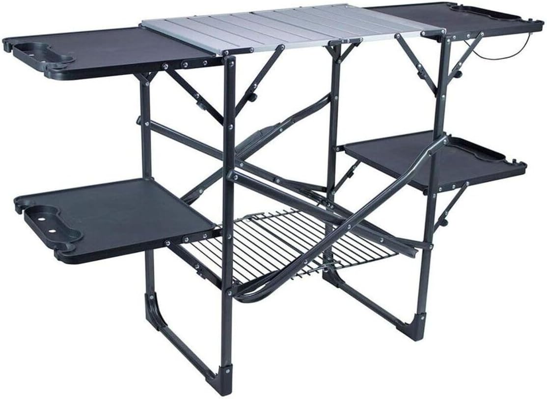 Camp Table Folding - スリム折りたたみ式ポータブルキャンプキッチンテーブル、耐熱トップサイドシェルフ、収納ラック、ペーパータオルホルダー、ピクニックや屋外調理用クックステーション（ブラック）