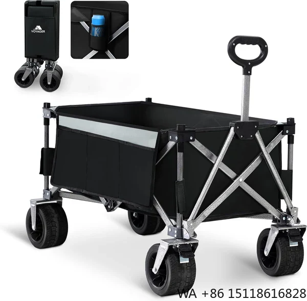 Camp Table Folding - 折りたたみ式キャンプワゴン、ポータブル折りたたみ式ユーティリティトロリー、360度回転ホイール、調節可能なハンドル、耐荷重150kg