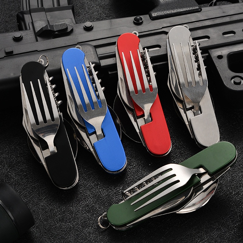 Outdoor Camping Essentials - 4 in 1 折りたたみ食器取り外し可能なキャンプ用品ステンレス鋼ナイフフォークスプーンオープナーポータブル屋外旅行カトラリー