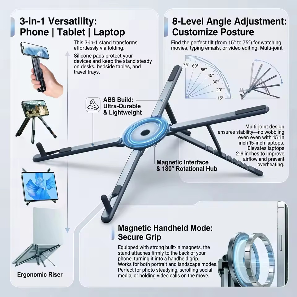 Camp Table Folding - 携帯電話用マグネット式ホルダー＆自撮り棒 3-in-1 折りたたみ式三脚スタンド iPhone、iPad、タブレット、ノートパソコン、デスクトップ用