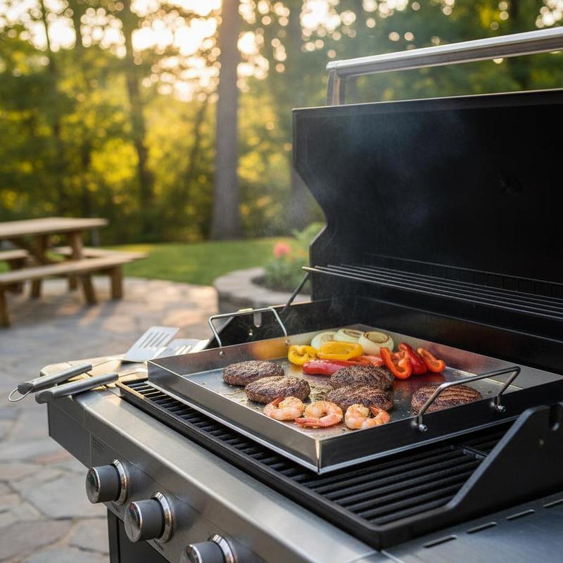 Outdoor Camping Essentials - ユニバーサルフラットトップグリドル 18x16インチ キャンプ、テールゲーティングパーティー用、長方形ホットプレート ファミリー調理器具 内蔵ハンドル ガスグリルアタッチメント