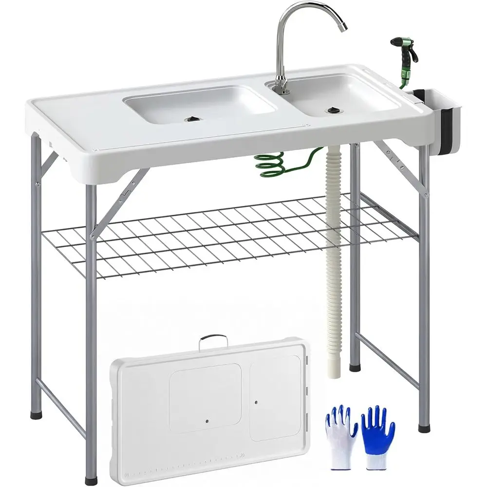 Outdoor Camping Sink - ポータブルアウトドアキャンプシンクテーブル（蛇口、排水ホース、スプレーヤー、棚、収納バスケット付き）、ホワイト