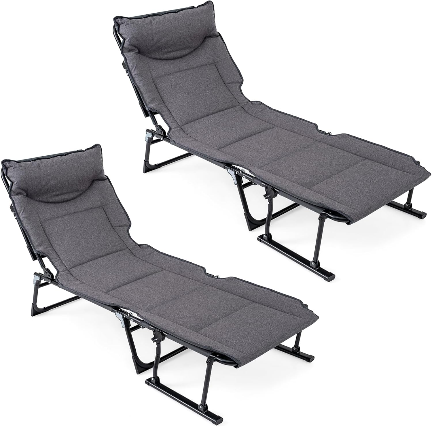 Outdoor Camping Lounge Chairs - 折りたたみ式パティオラウンジチェア2脚セット、調節可能なリクライニング折りたたみベッド、クッション、アームレスト、ヘッドピロー付き、屋外キャンプ、庭、芝生、オフィス、自宅用、グレー、2個セット