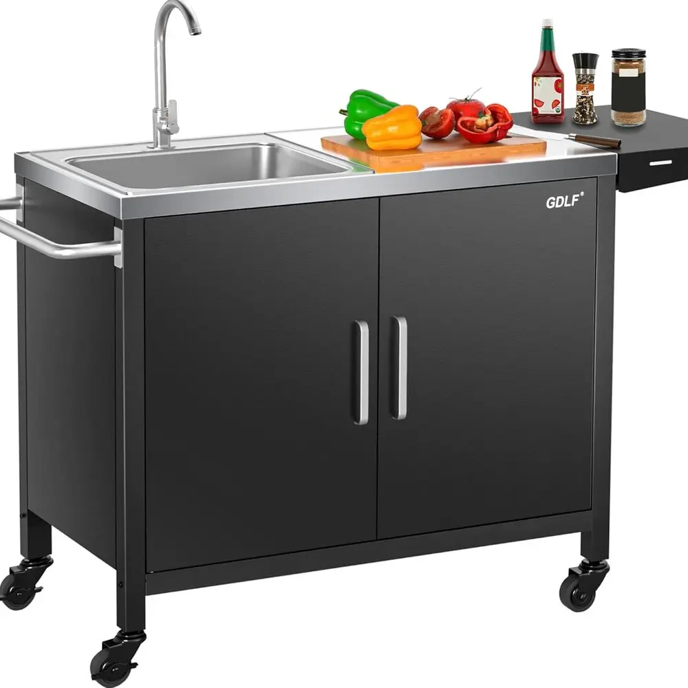 Outdoor Camping Sink - 屋外キッチンアイランド、ステンレス製シンク、金属製グリルカート付き、L57xW21.65