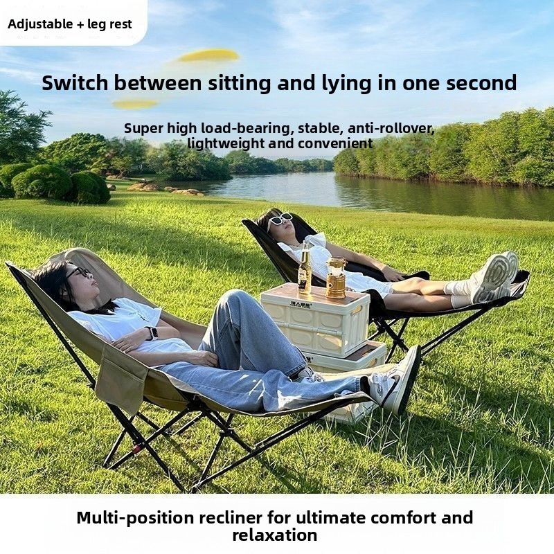 Outdoor Camping Lounge Chairs - 4つの調節可能な脚置き付きムーンチェア、キャンプ用折りたたみ椅子、釣り用椅子、ラウンジチェア、屋外用折りたたみ椅子、スツール、ハイバック