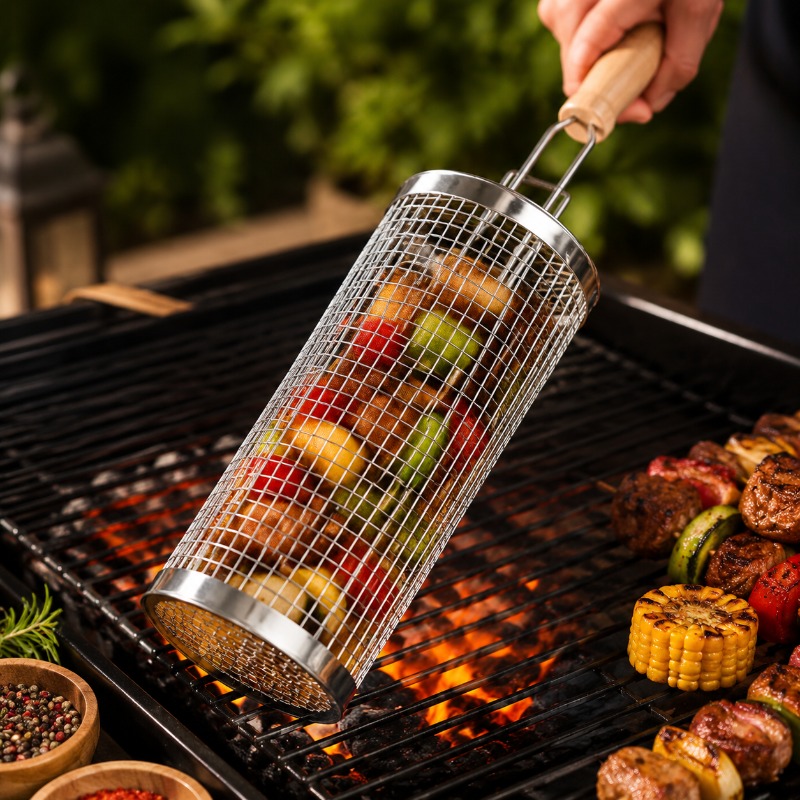 Outdoor Camping Essentials - 丸型バーベキューグリルバスケットセット ステンレス製回転式スチールメッシュチューブ ハンドル付きバーベキューグリル アウトドアキャンプに欠かせないアイテム
