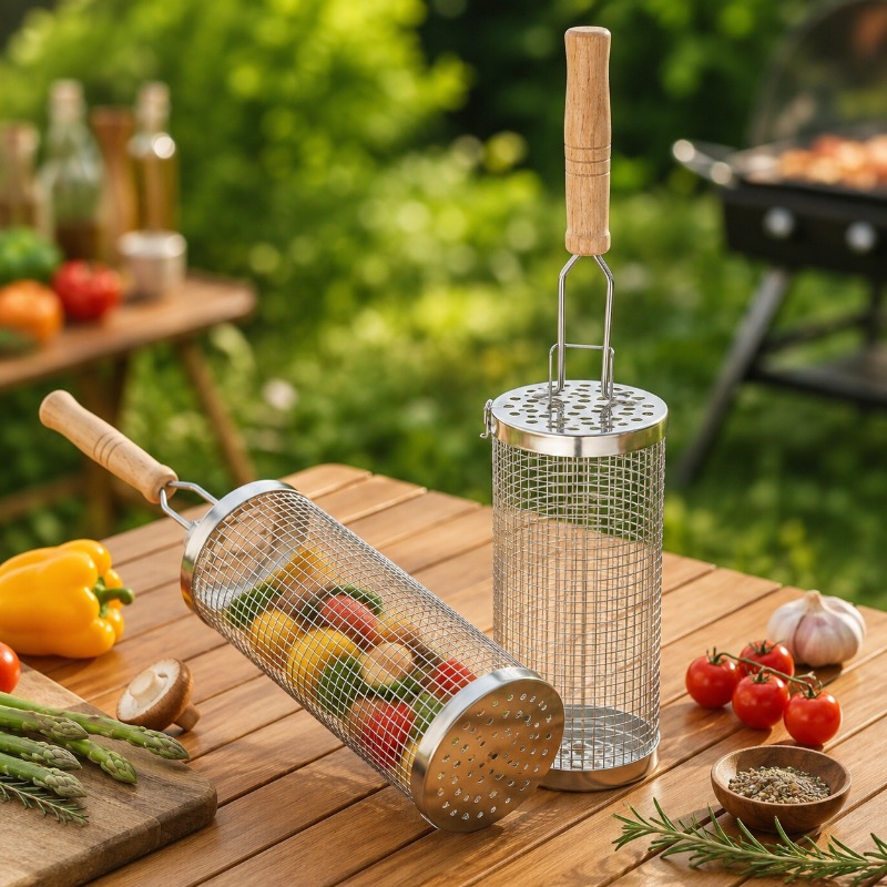 丸型バーベキューグリルバスケットセット ステンレス製回転式ス - Outdoor Camping Essentials のレビューと価格